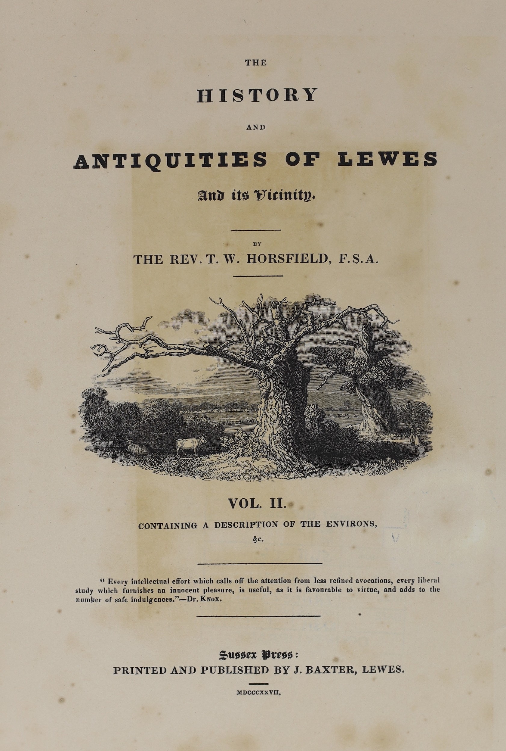SUSSEX: Horsfield, Rev. T.W. - The History and Antiquities of Lewes and its Vicinity. With an Appendix containing an Essay on the Natural History of the District, by Gideon Mantell ... 2 vols. a folded pictorial plan of